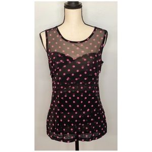 INC Black sheer top with pink polka dots